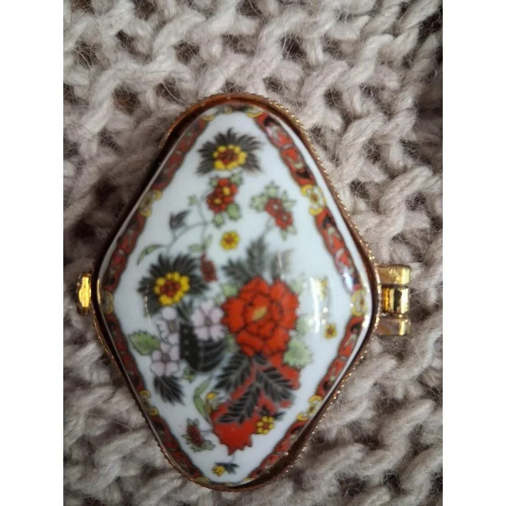Vintage Floral Porcelain Trinket Box Set Of 3 With Hinged Lids & Gold Accents